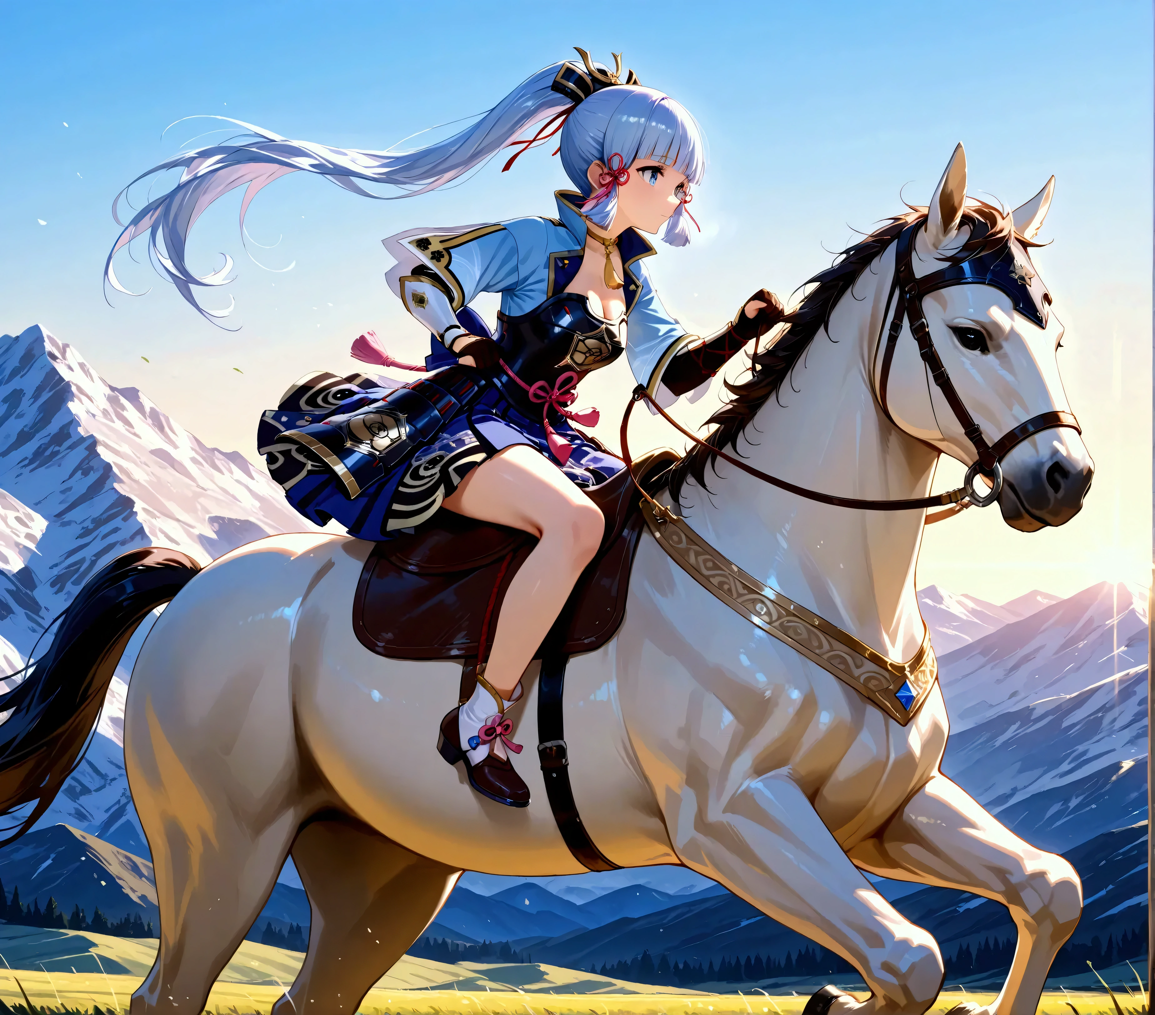 (masterpiece:1.3), (8K, best quality:1.3), Highest image quality, intricate details, high resolution, depth field, Natural light, professional lighting, BREAK, riding, horse, (((a young woman wearing in adventurer clothes watching a blue sky while horse riding)), ([kamisato_ayaka, medium breast]), (dress, miniskirt, breastplate, cleavage, gauntlet, gloves, bare legs, greaves, )), BREAK, ([white horse, saddle, reins, bridle, running]), solo, (in the mountainside, mountainside, fantasy settings:1), both hand holding rein, from side: 1, anatomically correct 