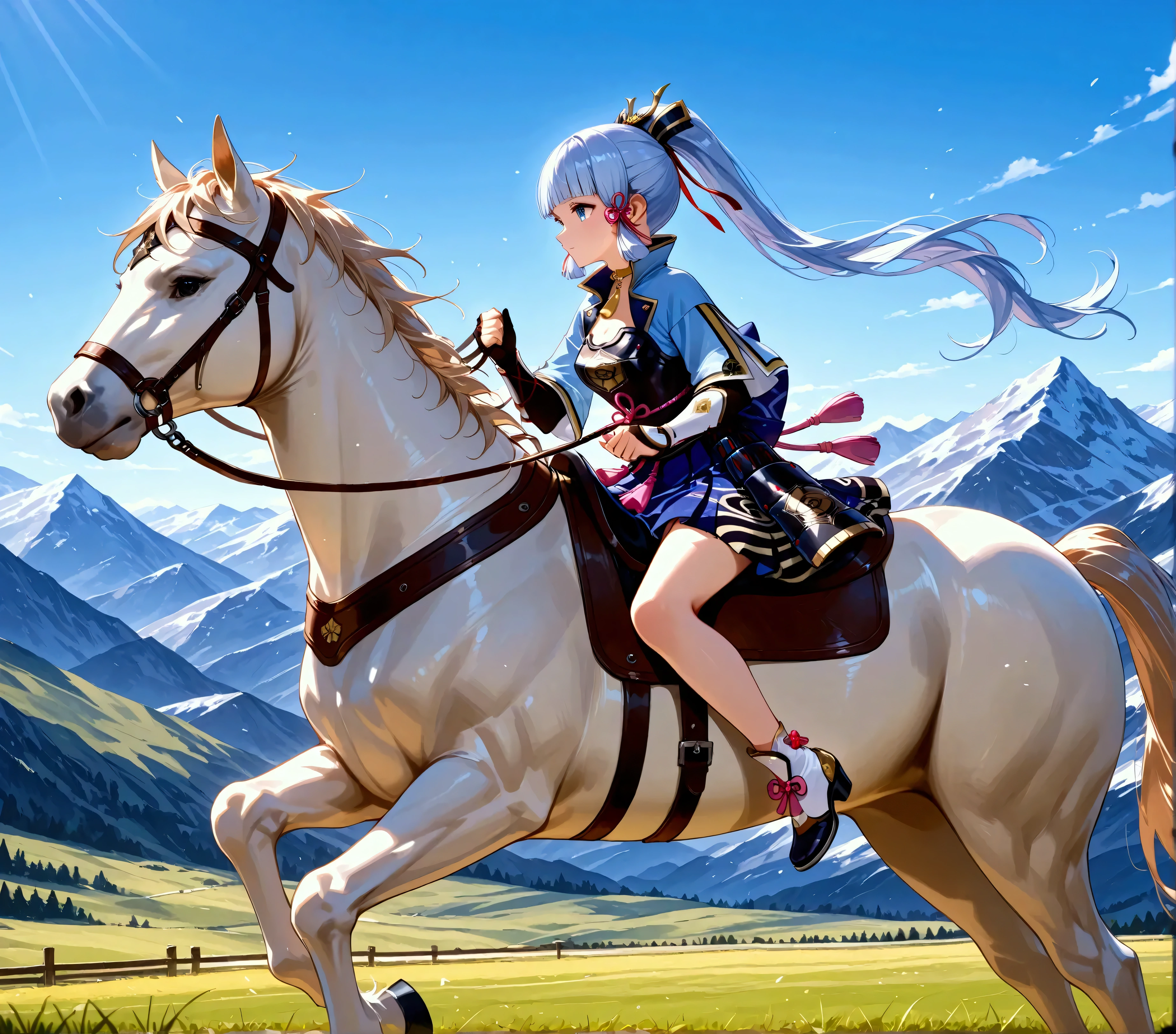 (masterpiece:1.3), (8K, best quality:1.3), Highest image quality, intricate details, high resolution, depth field, Natural light, professional lighting, BREAK, riding, horse, (((a young woman wearing in adventurer clothes watching a blue sky while horse riding)), ([kamisato_ayaka, medium breast]), (dress, miniskirt, breastplate, cleavage, gauntlet, gloves, bare legs, greaves, )), BREAK, ([white horse, saddle, reins, bridle, running]), solo, (in the mountainside, mountainside, fantasy settings:1), both hand holding rein, from side: 1, anatomically correct 