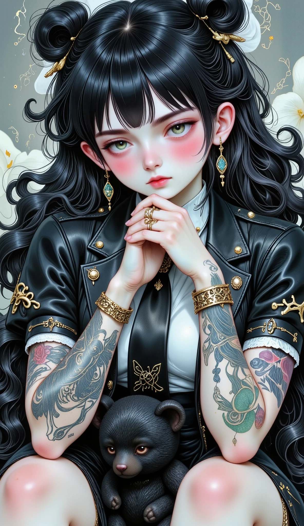 Manga style:1.5,  Close-up of a young woman with tattoos on her arms and left cheek,  bangs up to her eyebrows  , light eyes,  her head tilted slightly downwards  ,  looking at the camera  ,  boucles sur les côtés de sa tête  ,  wears long hair with braids Care  ,  black hair,  boucles d'oreilles dans chaque oreille  ,  elle appuie son menton avec les deux mains  ,  she wears rings  ,  tie suit on the top and shoulders  ,  jupe courte moulante  ,  long half-transparent black hair  , bracelets on her hands,  has a black teddy bear on her knees  ,  gray background with different brushstrokes  , gothic style:1.3, sombre, Your expression is one of sadness  ,  digital art by Hikari Shimoda   , dans CGSociety  ,  surréalisme pop   ,  low quality pop surrealism  ,  surréalisme pop   low quality art style, Beeple y Jeremiah Ketner,  Japanese pop surrealism  , Cute kawaii, low quality art,  bel art détaillé  ,  illustration in the style of Guweiz  ,  surrealist pop art style 