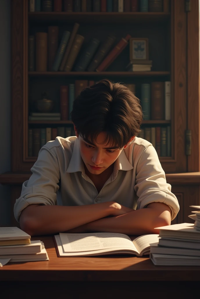 One noon,1boy is quietly reading a book in a delicate room