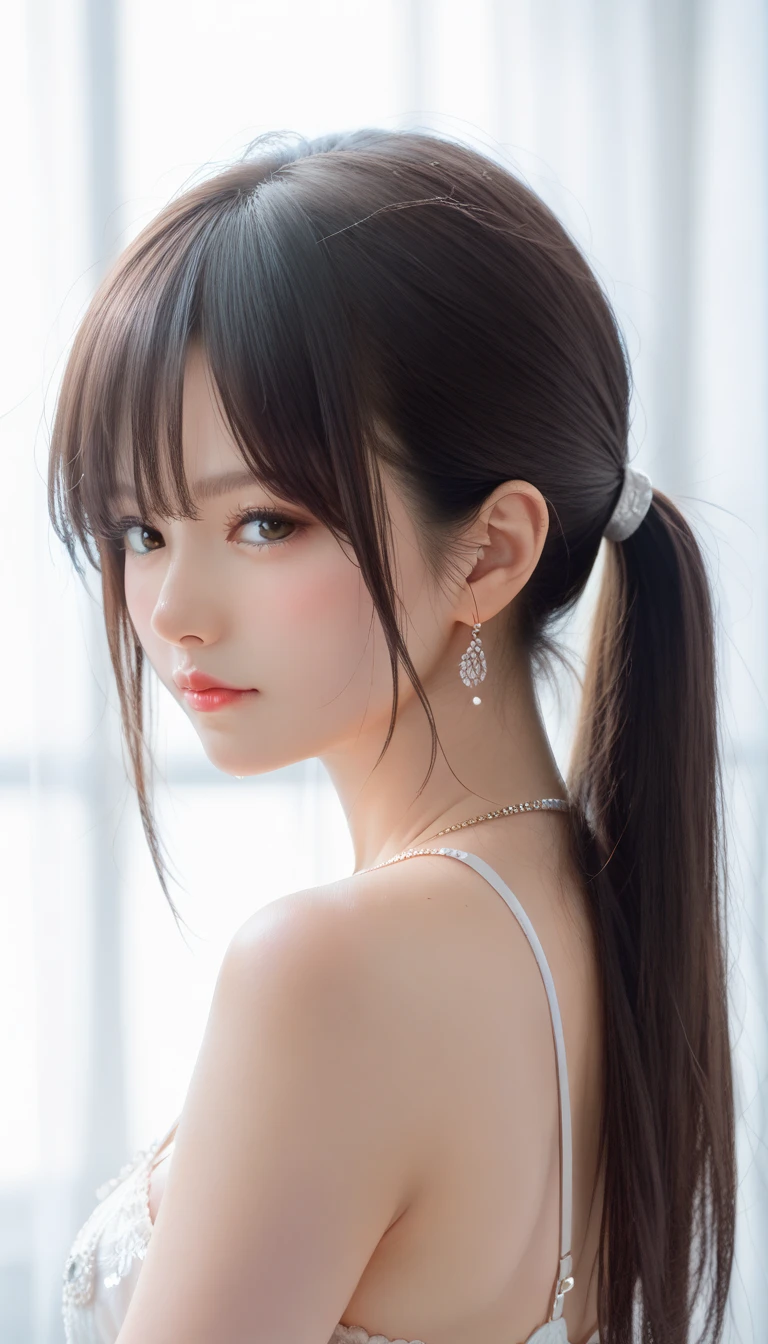 highest quality, Realistic, 8K, High resolution, 1 Girl, woman, (Skin dents), (Portraiture:0.6), nice, ((White Background, naked, Small breasts:1.65)), (Brown hair in a long ponytail, Parted bangs:1.4), Watching the audience, (1 Girl eyes Watching the audience:1.6), Realistic, (Bokeh), (Closed Mouth, smile:1.3), nice, Purelos Face_V1:1,Upper body close-up、