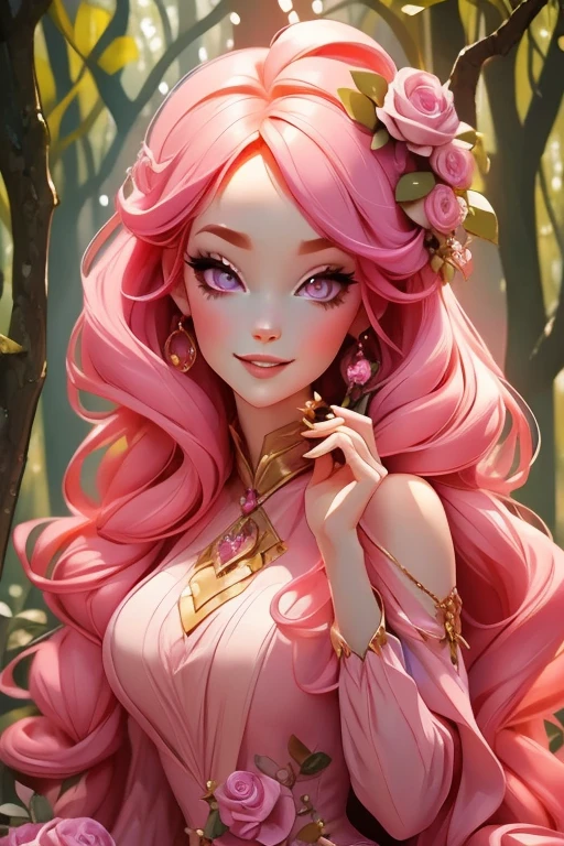 Perfect face. Perfect hands. A pink haired woman with violet eyes and an hourglass figure in a sexy dress is smiling while sipping tea in the creepy forest