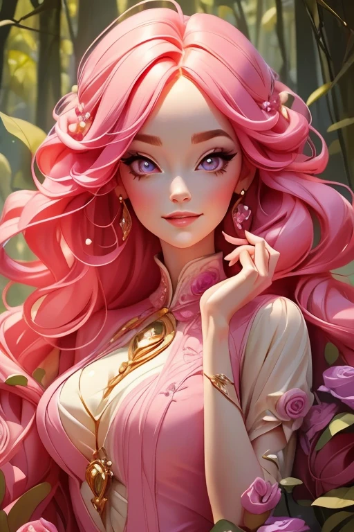 Perfect face. Perfect hands. A pink haired woman with violet eyes and an hourglass figure in a sexy dress is smiling while sipping tea in the creepy forest