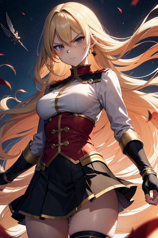  Anime style , homelander , very  long blonde hair,  angry face , medium  breasts ,hero uniform,  skirt , flying