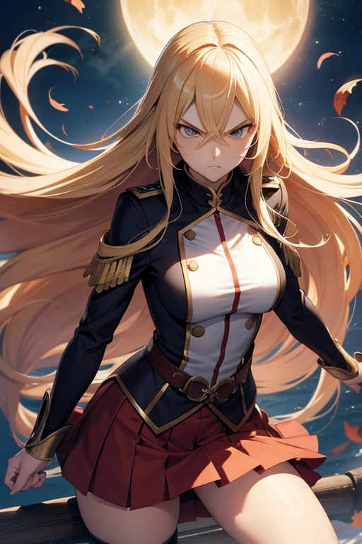  Anime style , homelander , very  long blonde hair,  angry face , medium  breasts ,hero uniform,  skirt , flying