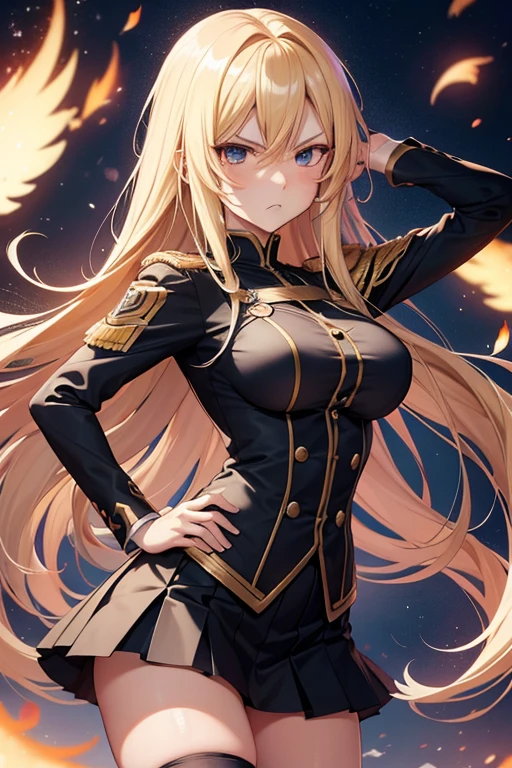  Anime style , homelander , very  long blonde hair,  angry face , medium  breasts ,hero uniform,  skirt , flying