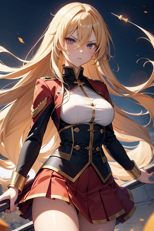  Anime style , homelander , very  long blonde hair,  angry face , medium  breasts ,hero uniform,  skirt , flying