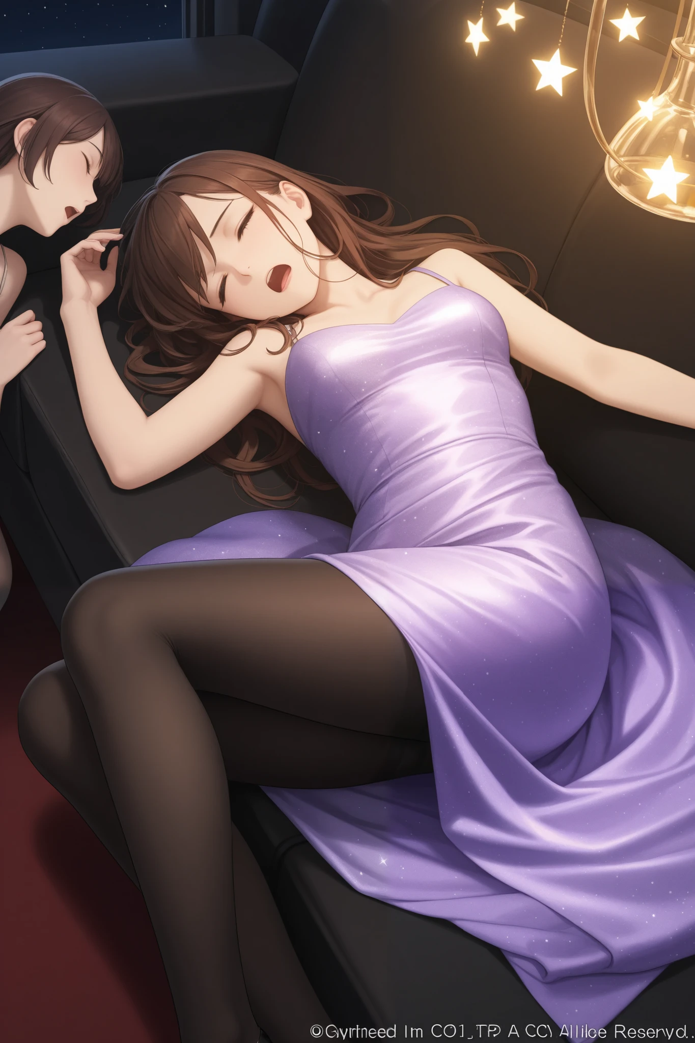 masterpiece, best quality, 1girl, {unconscious:2.0}, black tights, open mouth, party dress, {eyes closed:4.0}, party, official art, brown hair, long hair, being caught, head tilt, detailed eyes, legs bent inward, fainting, stars above head, flat art style