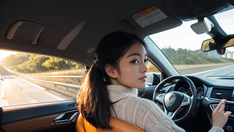 A stunningly cute 22-year-old Asian woman with smooth, glowing skin, long silky black hair, and sparkling brown eyes. She is wearing a stylish red shirt and black jeans. She is driving a car at night, with the illuminated Eiffel Tower visible in the background through the car window. Her smile is warm and inviting, exuding youthful energy and charm. The interior of the car is modern and well-lit, highlighting her features against the night backdrop