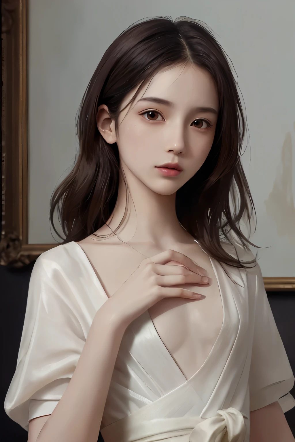 photorealistic painting, ultra-high resolution
(Highly detailed, intricately rendered)
(Masterpiece, a work of art),
Dynamic lighting, capturing the subtle nuances of the subject,(Detailed face, every feature delicately rendered),Pristine white kimono, delicate collar,(Hands gracefully placed, a sense of tranquility),Gently raised brush, ink delicately flowing,(Expressing the soul of the artist, a true representation of Maeda Kanji's style),(Top-quality, a testament to the artist's skill),Ultra-detailed,(Japan's most beautiful girl),Beautiful Eyes,Neat and clean beautiful woman,Traditional beauty woman,Intelligent beautiful girl,((Flat Chest)),(((Small waist))),High resolution, masterpiece, accurate, Anatomically correct,high quality, detail, High-resolution model, high quality, Very detailed, Ultra high definition, Textured skin, Sony FE GM, Aperture F16, Focus: 85mm, Cinematic light effects, Realism, Portrait Photography,Super detailed, Cinematography,masterpiece,((Very Flat Chest)),A beautiful girl of unparalleled beauty,Look at, Excessively large V-shaped opening at the chest,The scent of adulthood, Beautiful Beautiful Girl,