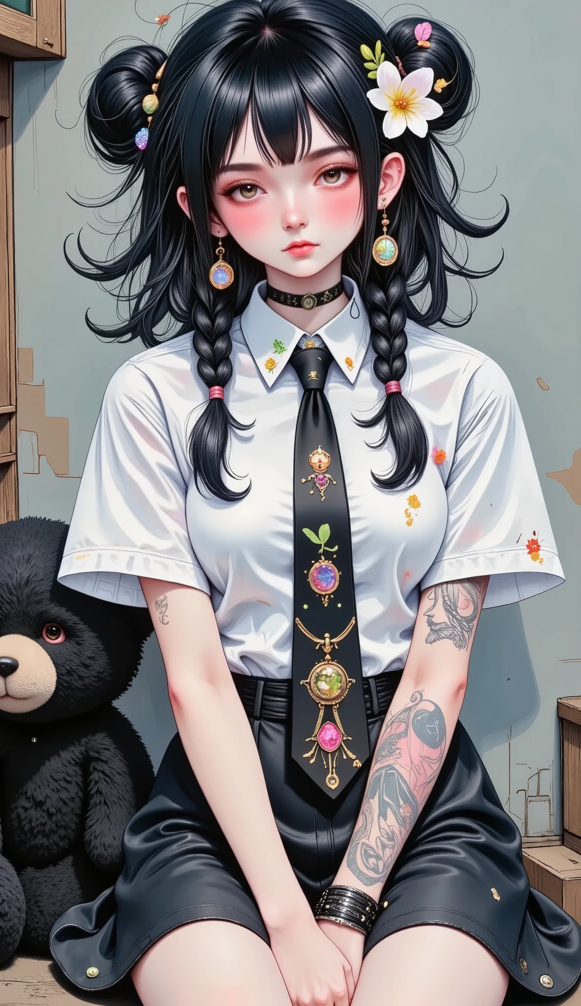 Manga style:1.5, Close-up of a young woman with tattoos on her arms and left cheek, bangs up to her eyebrows , light eyes, her head tilted slightly downwards , looking at the camera , boucles sur les côtés de sa tête , wears long hair with braids Care , black hair, boucles d'oreilles dans chaque oreille , elle appuie son menton avec les deux mains , she wears rings , tie suit on the top and shoulders , jupe courte moulante , long half-transparent black hair , bracelets on her hands, has a black teddy bear on her knees , gray background with different brushstrokes , gothic style:1.3, sombre, Your expression is one of sadness , digital art by Hikari Shimoda , dans CGSociety , surréalisme pop , low quality pop surrealism , surréalisme pop low quality art style, Beeple y Jeremiah Ketner, Japanese pop surrealism , Cute kawaii, low quality art, bel art détaillé , illustration in the style of Guweiz , surrealist pop art style