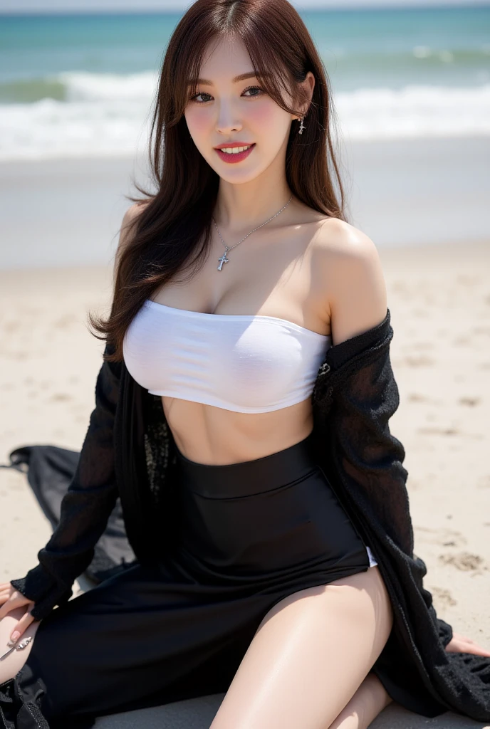  a 25-year-old woman,  squatting with crouched knees facing the front of the beach , full body view,  wearing a white strapless bikini,  use black beach shirt, black beach skirt bottoms ,  using a long skirt covered up to the eyes of the fishtail model, below the navel , dark red lips , Smiling face,   very detailed image ,   using a cross necklace ,  very large breasts