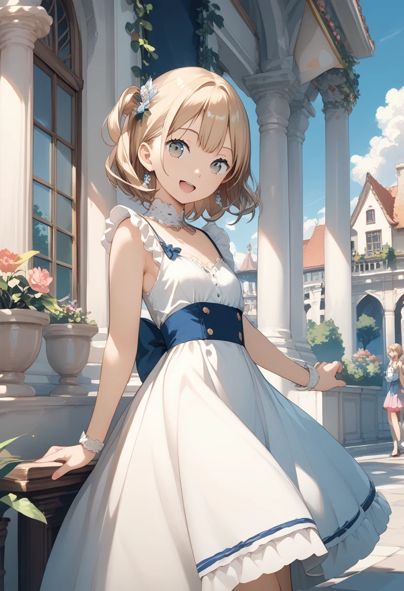 masterpiece, best quality, score_9, score_8_up, source_anime, girl, (ite), smile, open mouth, dress, outdoor,