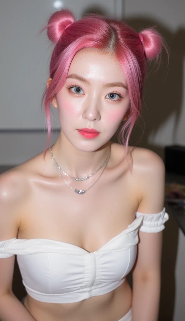 Background City City, camara angle top-side, looking side ways, ๐ค white and blue ๐ dress, Cute girl short pink hair,,all her hair short pink , with a star clip in her pink hair, light colored eyes, pretty eyes, crying eyes, pretty, upturned nose, watery nose, Pretty lips, pink lips, heart and cupid shaped lip, pretty skin, pale, White skin, with moles and freckles all over his face, soft pink blush on the cheeks, natural pink blush, soft pink makeup, Jennie, nice neck, marked collar, frown, tender look, with a kiss necklace, while having a bare abdomen, Delgado, marked and pretty, (big breasts, soft breasts, nice breasts), , night look, city light, photorealism, 8k , photorealistic