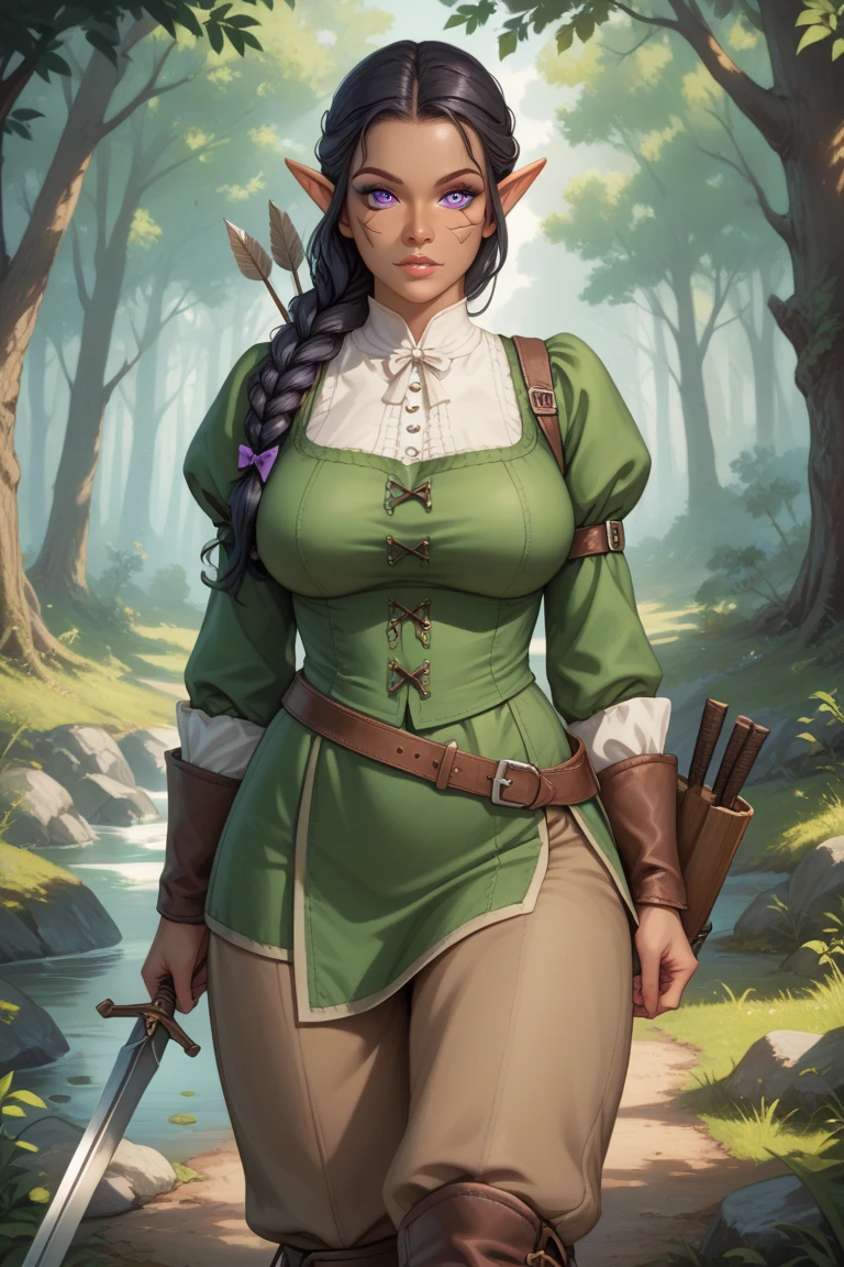 score_9, score_8_up, score_7_up, score_6_up, BREAK Triss merrigold, backpack, cleavage, medium breasts, seductive smirk, hands holding own hips, sweating, wide hips, big ass, in a forest, raining, frontal shot