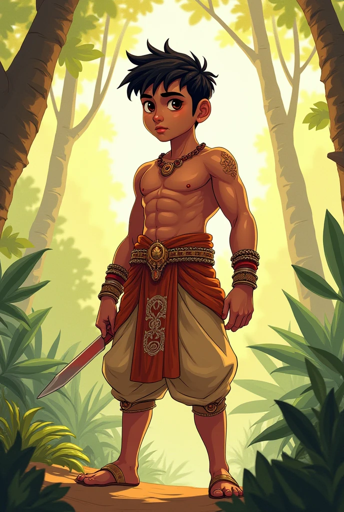 native american boy, 6-year-old, cute, mohawk hair, tan skin, visibly top body, in traditional native american outfit, Only wear Short loincloth, moutain forest background, bright colors