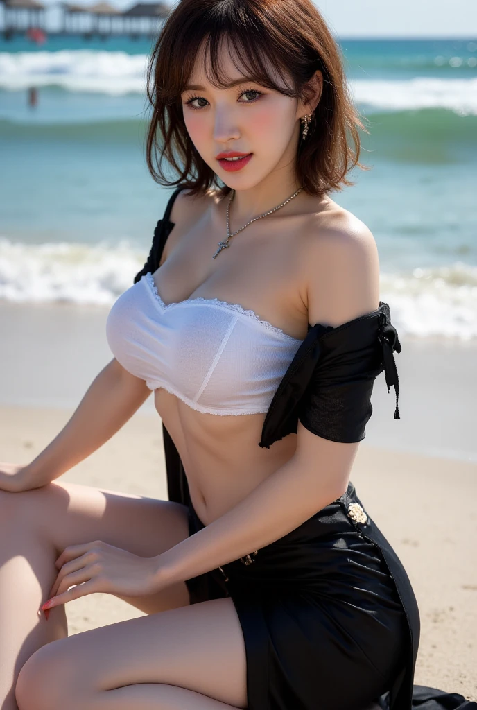  a 25-year-old woman,   crouched with knees crouched ,  legs straight backwards , both thighs tight, facing front pulled over beach , full body view,  wearing a white strapless bikini,  use black beach shirt, black beach skirt bottoms ,  using long skirts closed to the feet of fishtail model, below the navel , dark red lips , Smiling face,   very detailed image ,   using a cross necklace ,  very large breasts