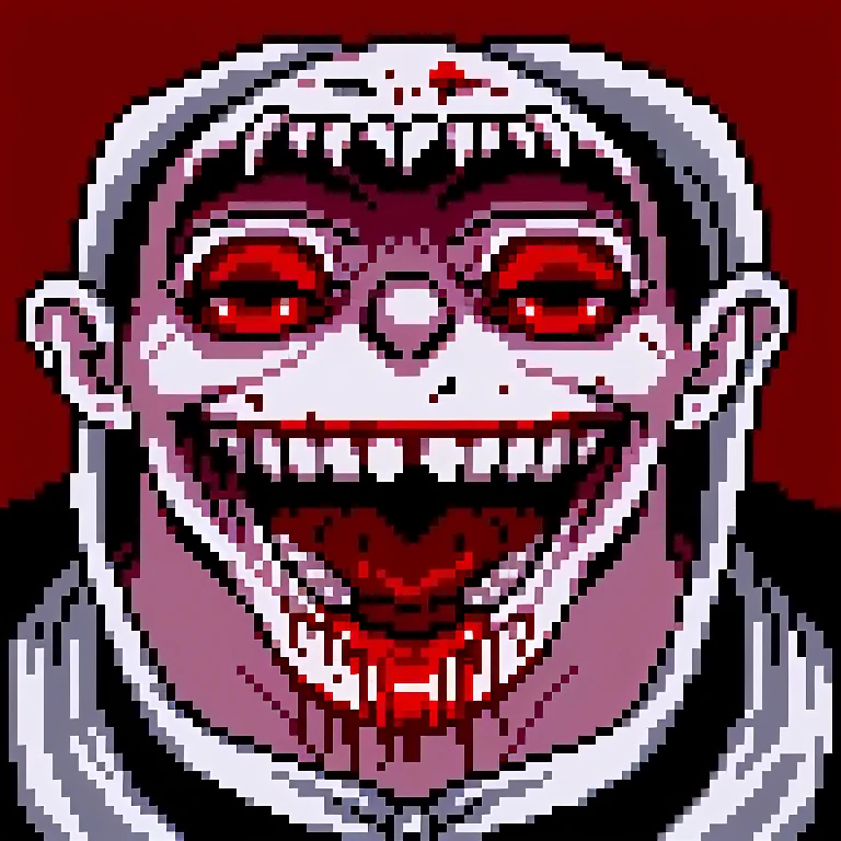<lora:hcnone:1>, hcnone,  pixel art, blood, blood on face, face, grin, hat, monochrome, smile, solo