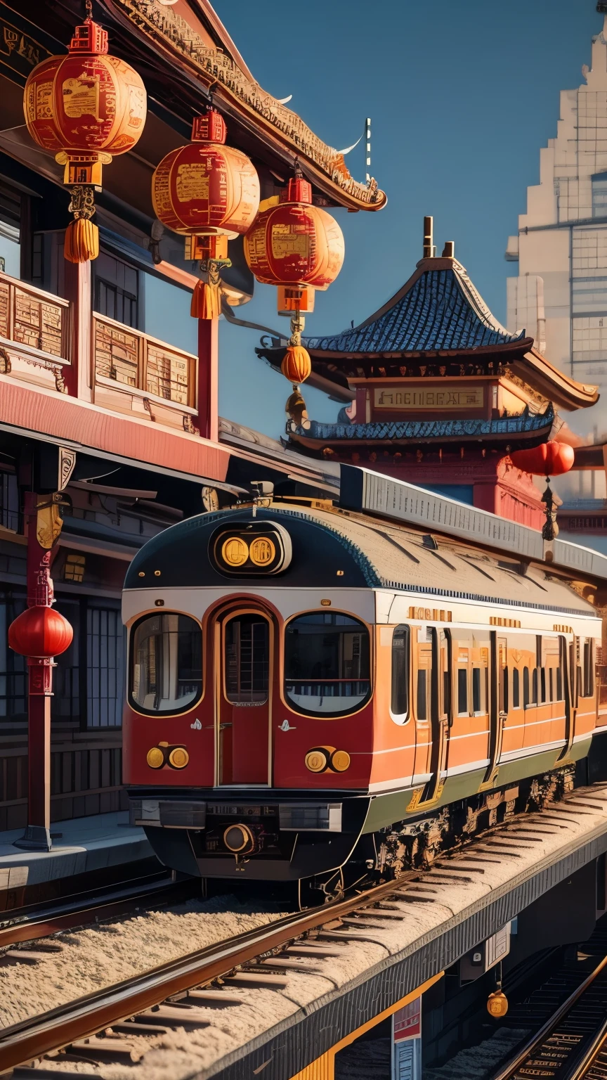 (La best quality,high resolution,super detailed,actual),Lovely knitted train station，Chinese new year decoration，so many people（（（A masterpiece full of fantasy elements）））， （（best quality））， （（intricate details））（8k）