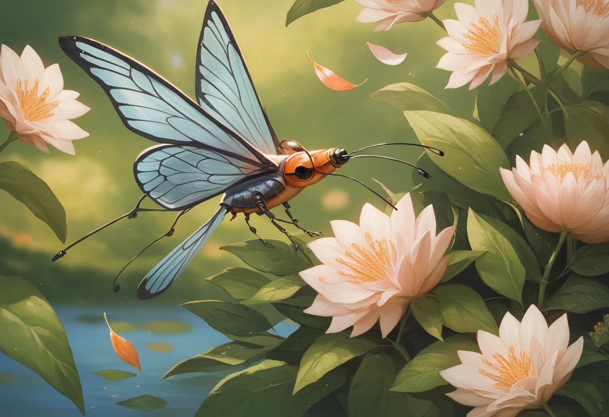 close up of a dragonfly with flowers and leaves on the wall , Inspired by Maria Sibylla Merian , William Morris-inspired , Mysterious insects, inspired by Eugène Grasset, inspired by Charlotte Nasmyth, Large leaves and large dragonflies, l. Alcopley , inspired by Frédéric Goodall, Johannes Boshaert Inspired
