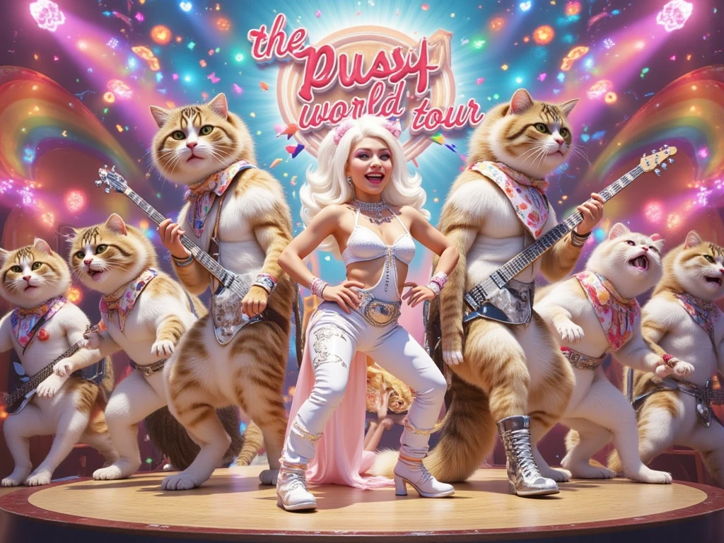 A 3D-rendered caricature of a hybrid band of human-cat figures with diverse feline patterns such as tabby, marbling, and calico. The group features varying body types, including chonky and muscular members. They are performing as a rock band, dressed in flamboyant rock attire, with the lead singer styled extravagantly like Lady Gaga. The stage is decorated with vibrant rainbow-colored bunting flags, and a large banner in the background reads "The Pussy World Tour." The scene captures the energy of a world tour performance.