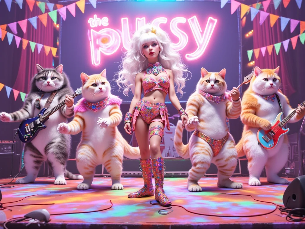 A 3D-rendered caricature of a hybrid band of human-cat figures with diverse feline patterns such as tabby, marbling, and calico. The group features varying body types, including chonky and muscular members. They are performing as a rock band, dressed in flamboyant rock attire, with the lead singer styled extravagantly like Lady Gaga. The stage is decorated with vibrant rainbow-colored bunting flags, and a large banner in the background reads "The Pussy World Tour." The scene captures the energy of a world tour performance.