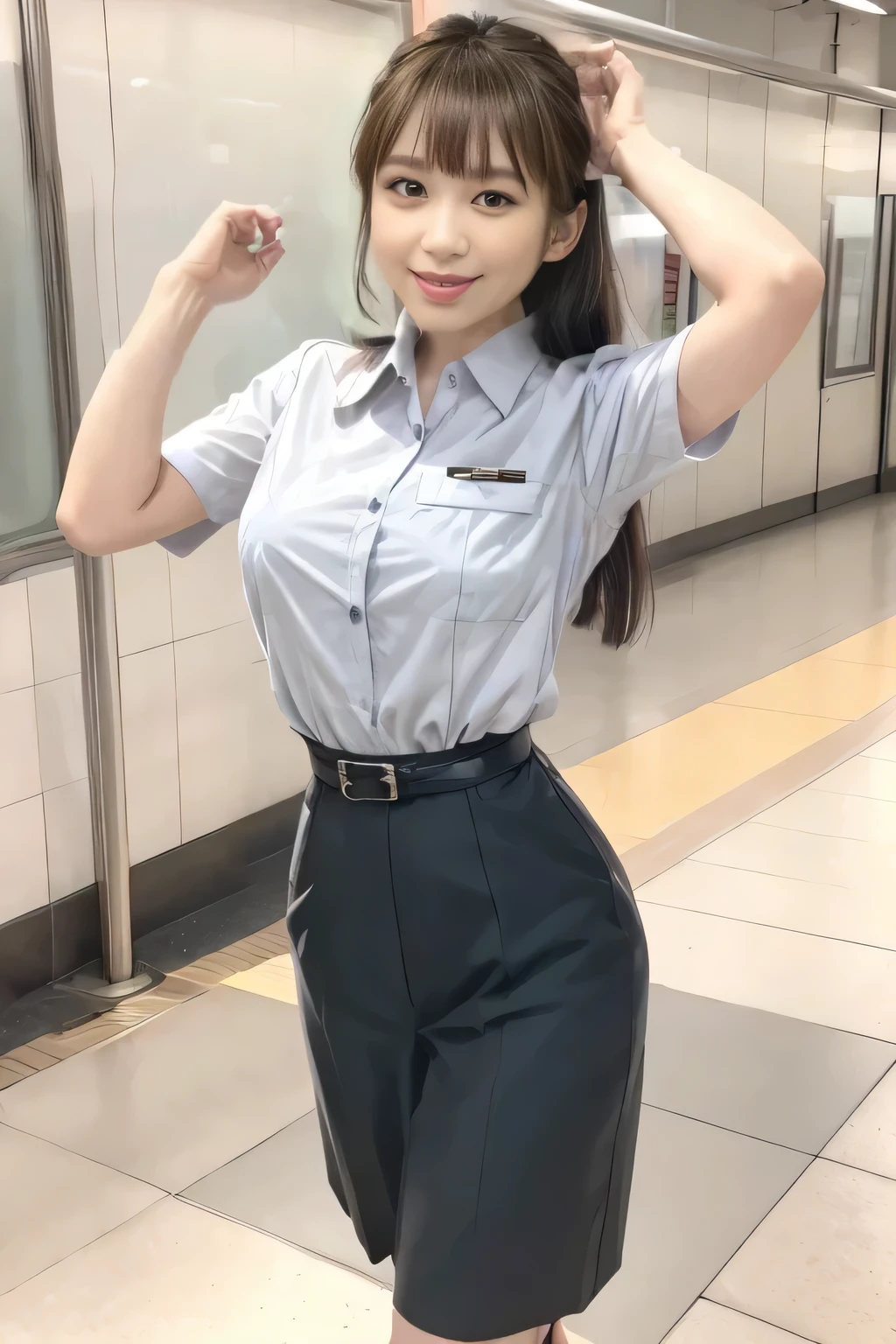 (Masterpiece:1.2, best quality :1.2), 32kHDR, high resolution, (Alone、 1 girl)、(Rooftop of a building during the day、 professional lighting)、Building rooftop background、( TOKYO SUBWAY WOMAN CREW UNIFORM REAL STYLE WOMAN CREW UNIFORM 6 )、(TOKYO SUBWAY WOMAN CREW UNIFORM BLOUSE SHORT SLEEVE 、 Knee-length culottes skirt、Waist belt)、、 dark brown hair 、( hair gathered、 hair bang)、 dark brown hair 、Long Hit、 big breasted、Thin legs、(( amazing hands:2.0)),((harmonious body proportions:1.5)),((Normal limbs:2.0)),((Usually refers to:2.0)),(( Delicate Eyes:2.0)),((Normal eyes:2.0)))、smile、(Tokyo Subway woman crew uniform Knee-length culottes skirtを見せた美しい立ち姿) 、Hands crossed underneath