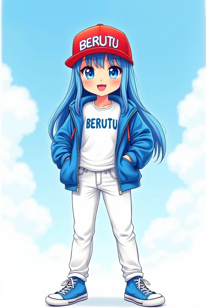 Color pencil sketch of a young girl with a cheerful expression. He wears a RED hat with the name "BERUTU" written in bold blue letters, and a white t-shirt with

"BERUTU" was printed on it, in bold blue font, and the jeans were white. The girl was wearing a big blue zipper hoodie and blue Converse sneakers. The girl had long blue hair, blue eyes, and her tongue stuck out. The background is a blue sky with white clouds. 