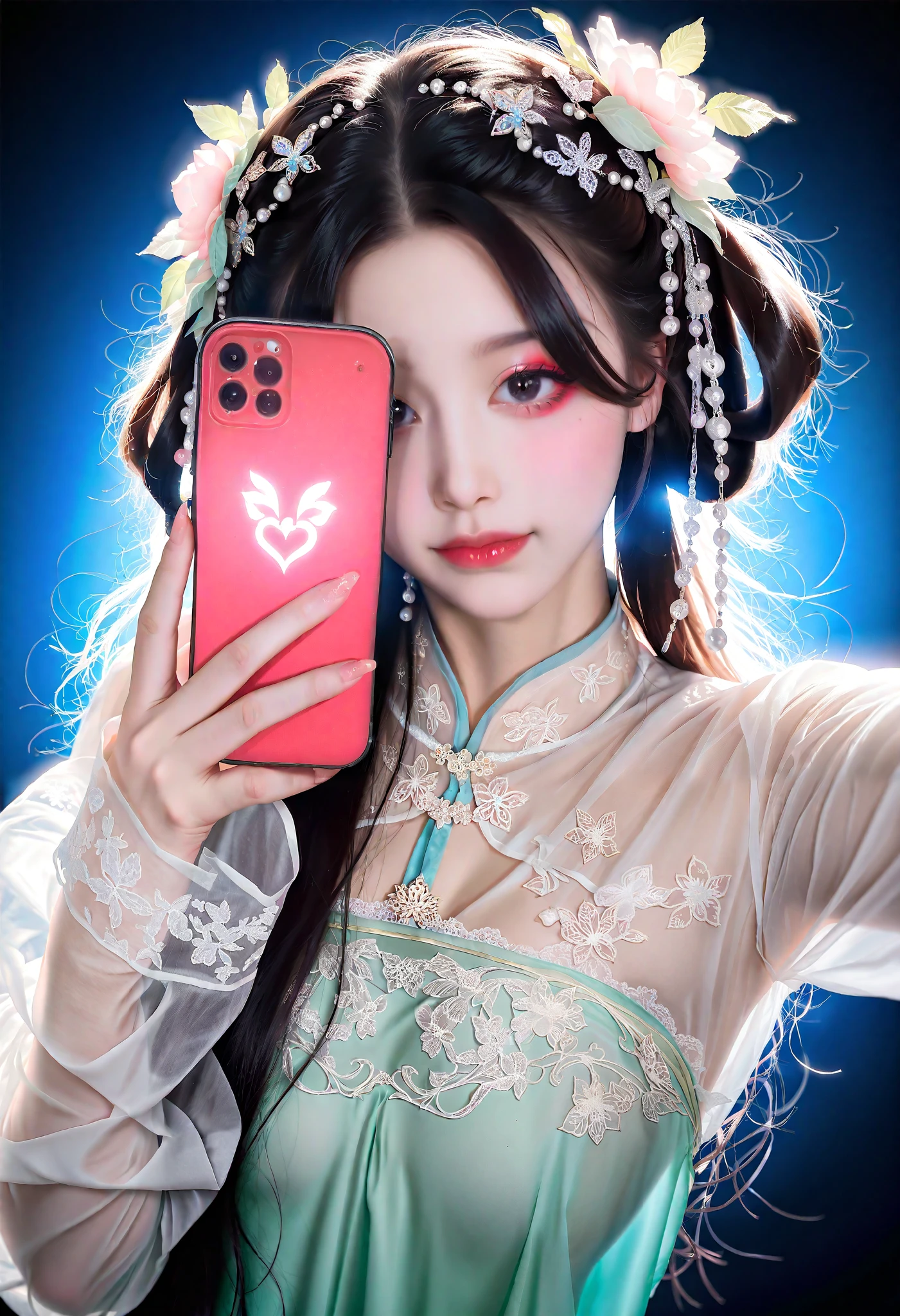 (very awa,masterpiece,best quality,year 2024,newest,highres,absurdres:1)
4k photo, (realistic),DSLR,photo, professional photography,film grain,,A Korean female idol Wearing see-through traditional Chinese cheongsam see-through Hanfu and very long sleeves,ulzzang face,dirty lens,face visible, upper body, black eyes, selfie,makeup,
intricate hair ornaments, serene expression,Seducing the audience, sexually suggestive, (looking at viewer:1.2) and (facing viewer), delicate embroidery on clothing,Bedroom background, dark background,holding glowing phone,
(hands,fingers,fingernails:0.8),
