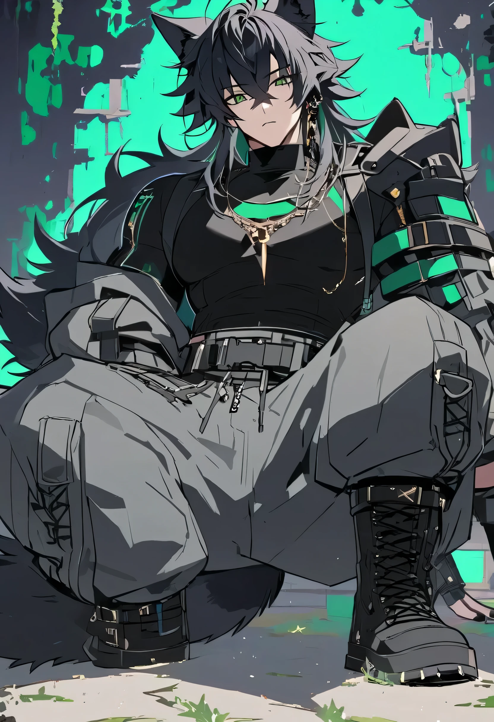 Male + black hair + green eyes + black wolf ears + black wolf tail + black compression shirt + grey baggy pants + black combat boots + lean build + solo