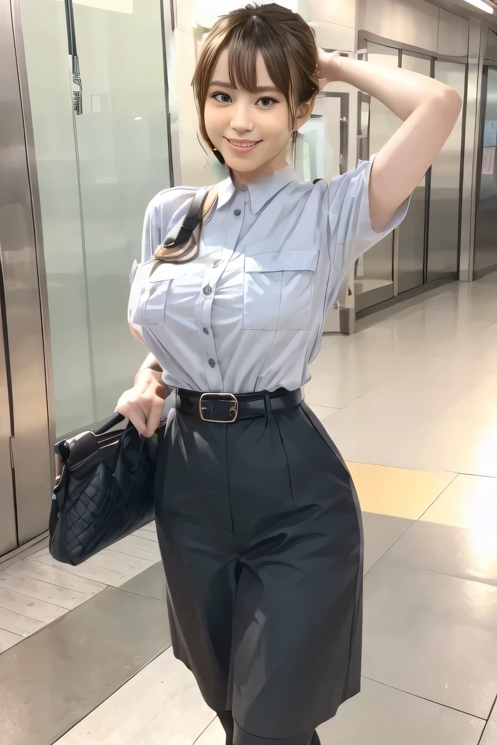 (Masterpiece:1.2, best quality :1.2), 32kHDR, high resolution, (Alone、 1 girl)、(Rooftop of a building during the day、 professional lighting)、Building rooftop background、( TOKYO SUBWAY WOMAN CREW UNIFORM REAL STYLE WOMAN CREW UNIFORM 6 )、(TOKYO SUBWAY WOMAN CREW UNIFORM BLOUSE SHORT SLEEVE 、 Knee-length culottes skirt、Waist belt)、、 dark brown hair 、( hair gathered、 hair bang)、 dark brown hair 、Long Hit、 big breasted、Thin legs、(( amazing hands:2.0)),((harmonious body proportions:1.5)),((Normal limbs:2.0)),((Usually refers to:2.0)),(( Delicate Eyes:2.0)),((Normal eyes:2.0)))、smile、(Tokyo Subway woman crew uniform Knee-length culottes skirtを見せた美しい立ち姿) 、Hands crossed underneath