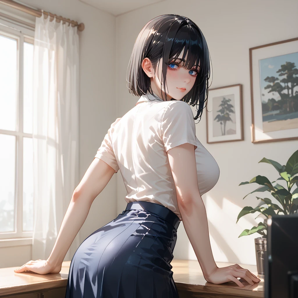 Beautiful Japanese,  black hair、clear、 top quality、 Masterpiece、(  professional lighting without shadows  )、  surreal、  fascinating、A figure that looks like a slender supermodel、  one girl , ( lean forward to the camera to show off her butt ), (slightly larger breasts,), ( flat ,  white skin without wrinkles or unevenness ), (明るい and beautiful blue eyes , （（ wolf cut））, （（ tight skirt ））、  show off a pose exposed from directly behind her butt ), ( beautiful face squinting in bright light )