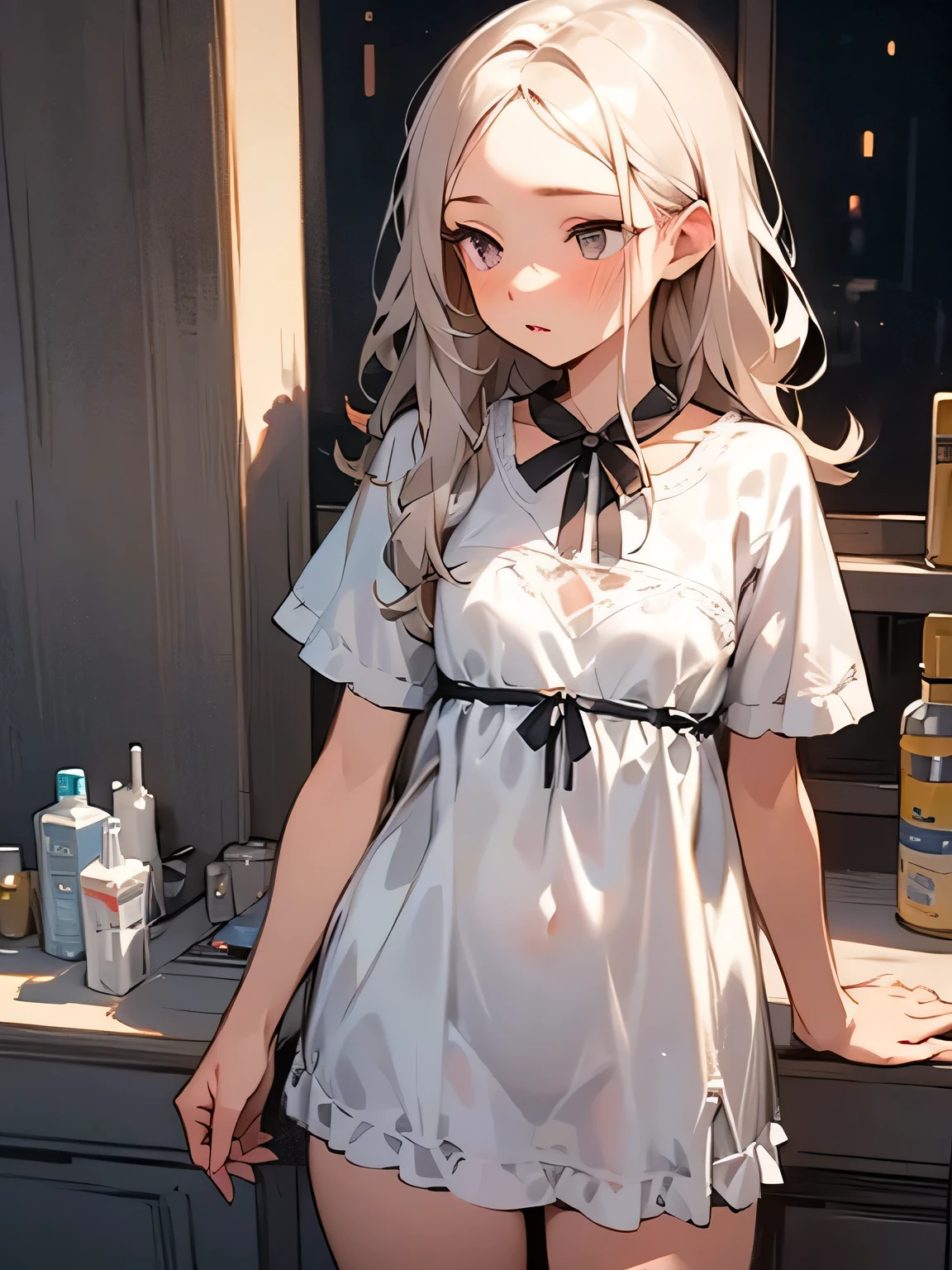 Nipples faintly visible through pure white clothing,Small Bust,mini skirt,White panties
