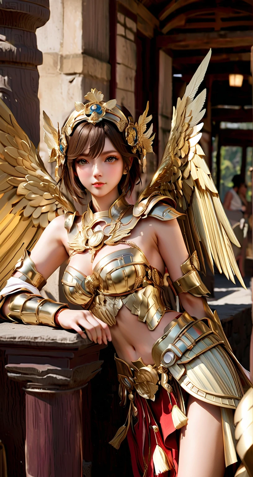 Indonesia cute teen girls, short dress in white and gold,with wings and a sword, wearing(dark) hijab,showing big breast,((take Sword)), (wearing gold wing crown), ((gemstone:1.2), ((Wing-shaped gold ornament on the head)), ornate cosplay, as a mystical valkyrie, the sailor galaxia, beautiful, anime cosplay, glamourous cosplay, with fiery golden wings, cosplay, professional cosplay, goddess of light, facing forward body angel, cosplayer, perfect makeup, perfect face, beautiful face, beautiful body,full-body shot,showing big breasts,showing vagina ,closed legs, ((sky background)), (flying body:1.0), (jewels:1.2), (Emitting light), (flying flowers:1.0), above clear water, of heaven, smog, sunny weather