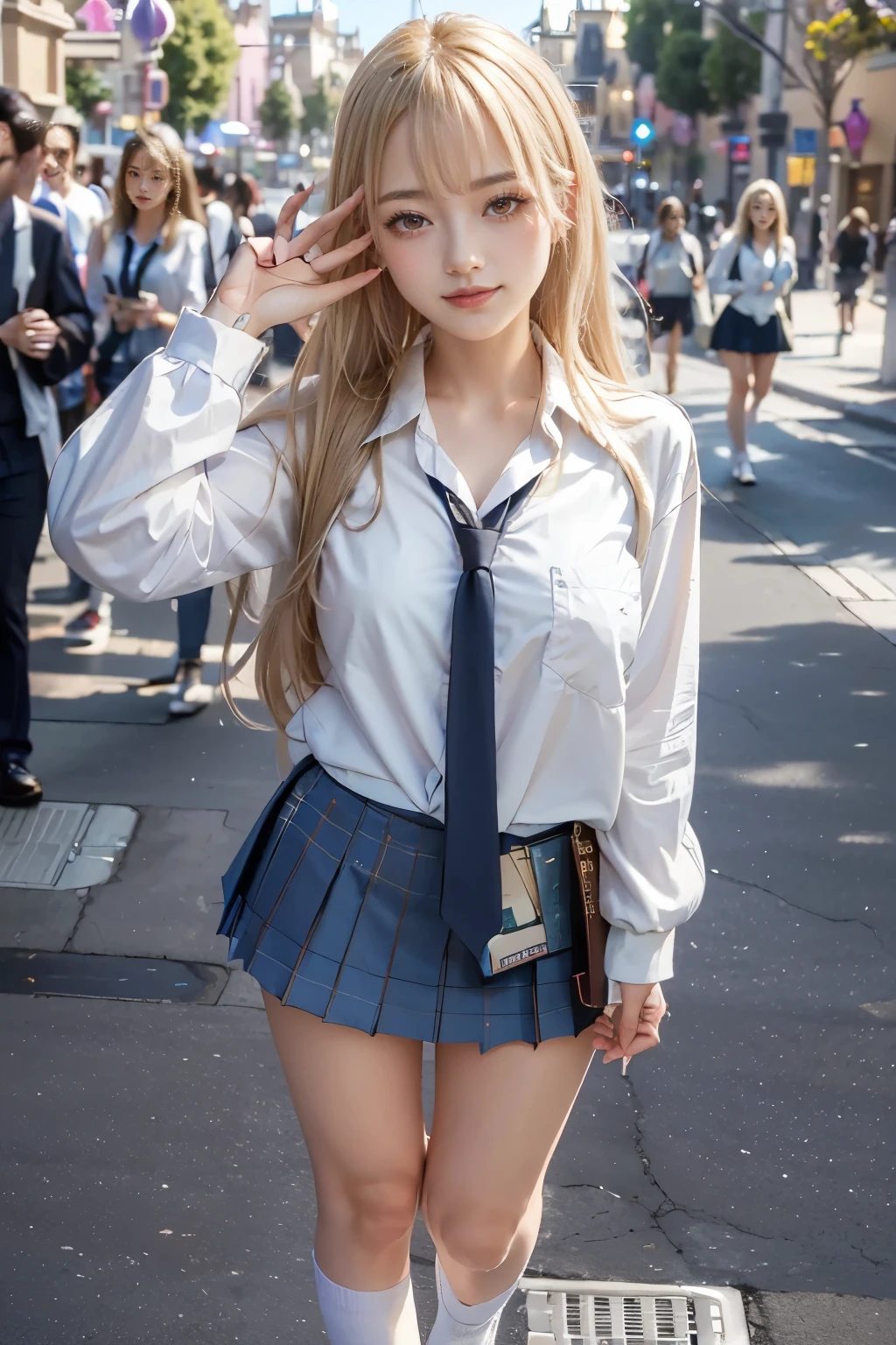(photorealistic:1.4), best quality, raw 8k photo,Masterpiece,high resolution, anatomically correct,(extremely detailed japanese beautiful girl), (extremely detailed eyes:1.1), (cute face:1.2), ultra-detailed, ultra high res, amazing, break,large breasts,Blonde,
(school uniform:1.2), smile, detailed school girl, (disneyland:1.3), beautiful detailed girl, bangs, cute face, miniskirt, smile, Wind, (full body:1.4), walking disneyland, beautiful hairstyle, loafers, perfect legs, perfect hands,peace sign,gal,gal makeup,gal.safetensors,