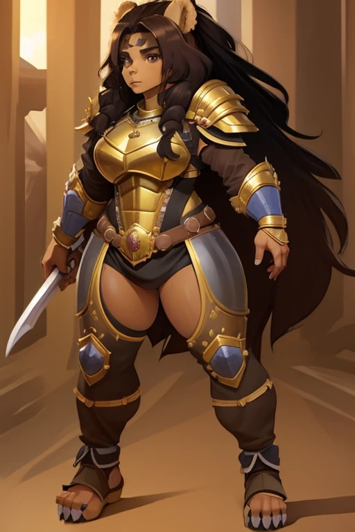 ((blank background)), (((full body))), masterpiece, best quality, thief girl, ((huge girl)), (random hair color), (wide hips:1.4), (thick thighs:1.3), ((dark skin)), ((short brown skirt)), ((long legs)), female muscular:0.8, (curvy:1.4), standing, sleeveless, fingerless gloves, leather armor, ((hime cut)), ((symmetry)), ((long boots)), belt under navel, elf ears, covered nipples