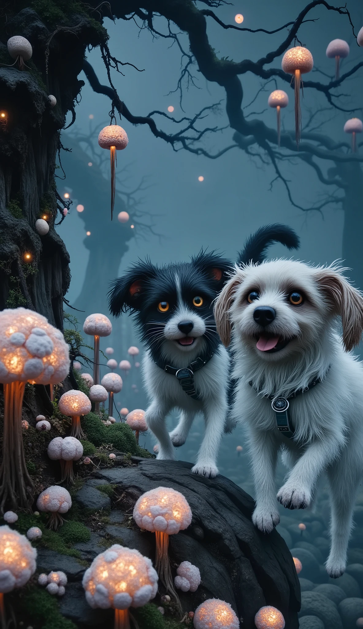 (Cat and dog, cute adorable , jugando en el cotton cloud path :1.5), extremely detailed face and features, surrounded by bioluminescent fungi , cotton cloud path , ( envelopes, masterpiece:1.2), ultra-detailed , ( realistic , photo realistic , photo- realistic :1.37), dark fantasy, Gothic, conceptuarl , arte digital, chiaroscuro, cinematic lighting, motion blur, Fujicolor, chromatic aberration abuse, 4k, 8K, highres, UHD, Retina, masterpiece, Accurate, Anatomically Correct, textured skin, Super detail, high details, high quality, award winning , best quality, highres, 1080P, HD, 16K