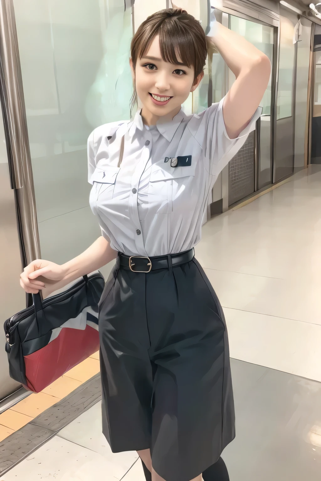 (Masterpiece:1.2, best quality :1.2), 32kHDR, high resolution, (Alone、 1 girl)、(Rooftop of a building during the day、 professional lighting)、Building rooftop background、( TOKYO SUBWAY WOMAN CREW UNIFORM REAL STYLE WOMAN CREW UNIFORM 6 )、(TOKYO SUBWAY WOMAN CREW UNIFORM BLOUSE SHORT SLEEVE 、 Knee-length culottes skirt、Waist belt)、、 dark brown hair 、( hair gathered、 hair bang)、 dark brown hair 、Long Hit、 big breasted、Thin legs、(( amazing hands:2.0)),((harmonious body proportions:1.5)),((Normal limbs:2.0)),((Usually refers to:2.0)),(( Delicate Eyes:2.0)),((Normal eyes:2.0)))、smile、(Tokyo Subway woman crew uniform Knee-length culottes skirtを見せた美しい立ち姿) 、Hands crossed underneath