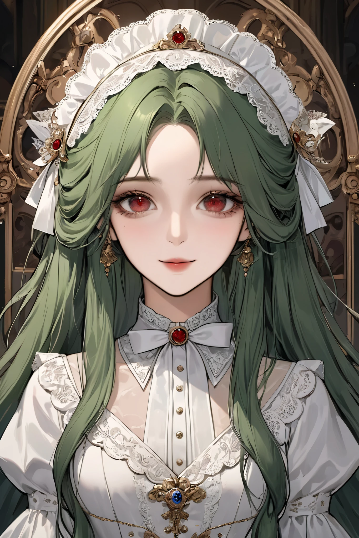 (extreamly delicate and beautiful:1.2), 8K,(masterpiece:1.0),(best_quality:1.0), 1 girl, and intricate detailing, Enlarged textures, and intricate detailing, finely eye and detailed face, and intricate detailing, green long hair, (sweet smiley), Perfect eyes, Equal eyes,  red eyes (A famale god) with victorian dress, look at camera, green long HAIR, Red EYES, green long HAIR, red EYES, Full body, with victorian dress, no hairpin, perfect body
