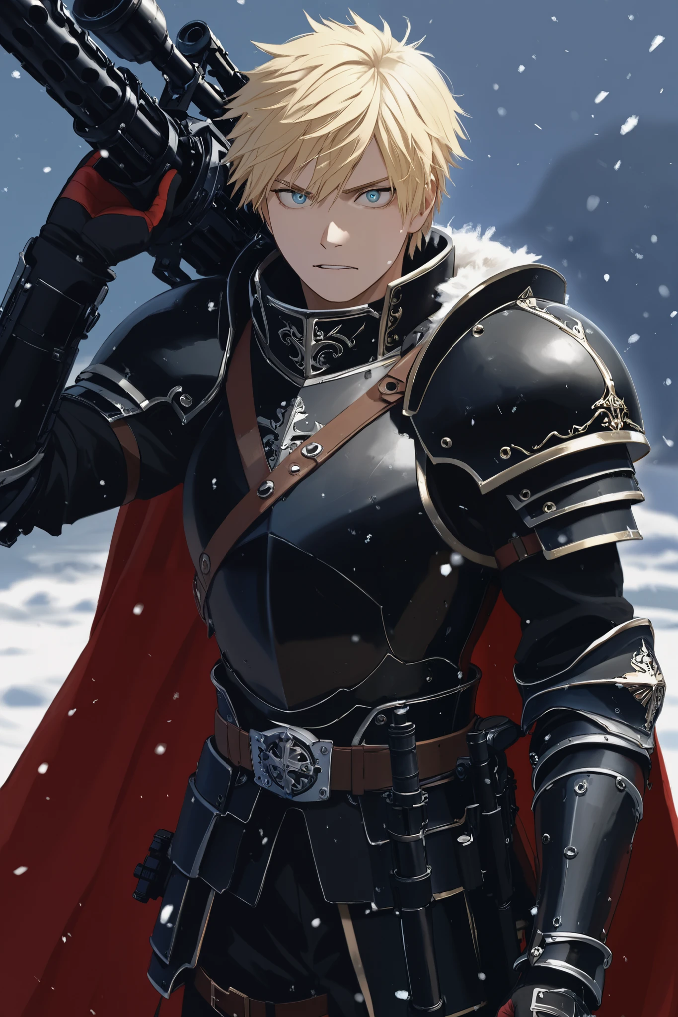 Strong blond blue-eyed noble swordsman with a gunsword. Wearing black noble armor with a red cape. Has a sword fused with an M134 minigun. Extremely beautiful face