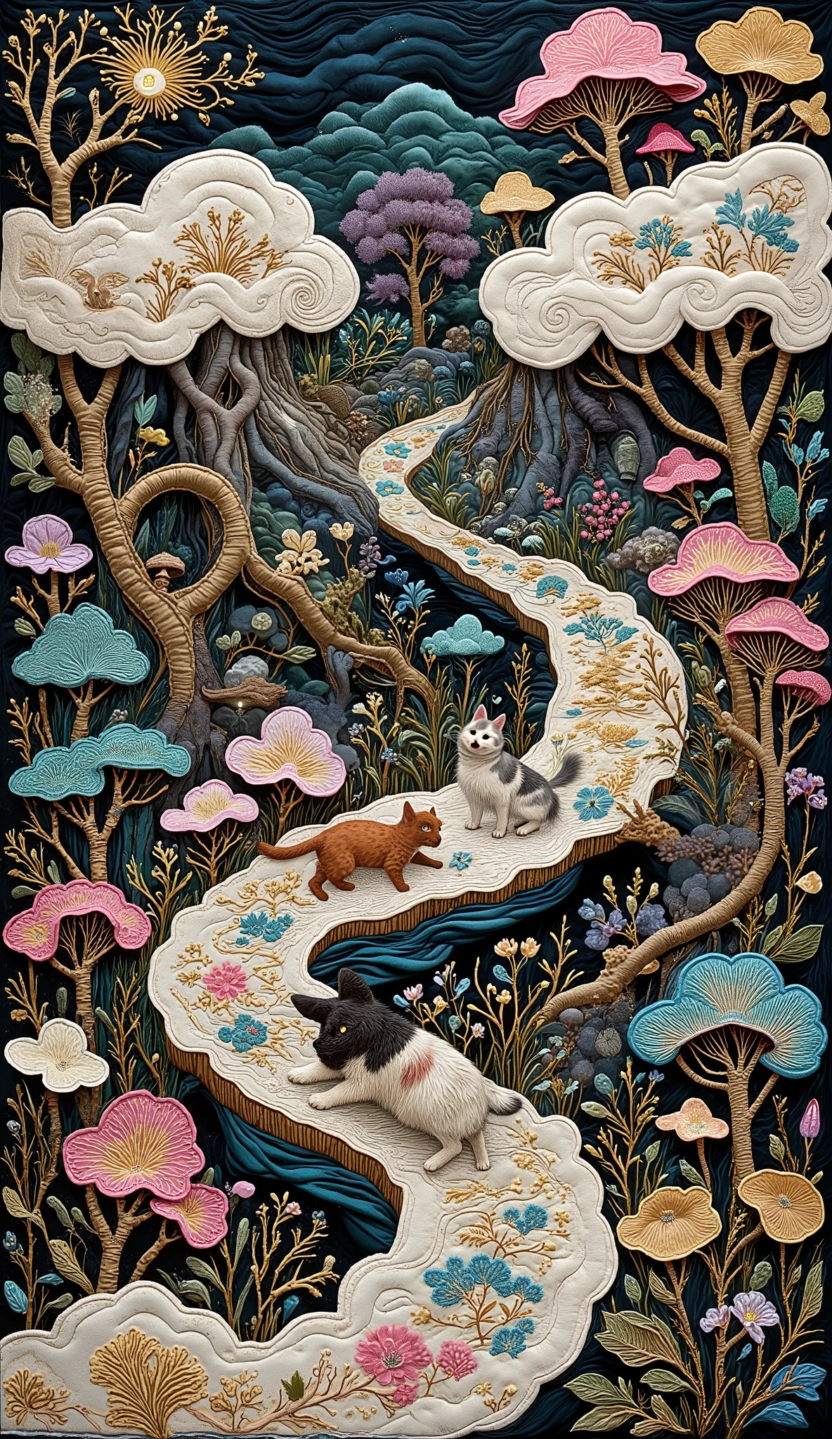 (Cat and dog,  cute adorable , jugando en el  cotton cloud path :1.5),  extremely detailed face and features,  surrounded by bioluminescent fungi ,  cotton cloud path , ( envelopes,  masterpiece:1.2),  ultra-detailed , ( realistic , photo realistic , photo- realistic :1.37),  dark fantasy, Gothic, conceptuarl , arte digital, chiaroscuro, cinematic lighting, motion blur, Fujicolor, chromatic aberration abuse, 4k, 8K, highres, UHD, Retina, masterpiece, Accurate, Anatomically Correct, textured skin, Super detail, high details, high quality,  award winning , best quality, highres, 1080P, HD, 16K