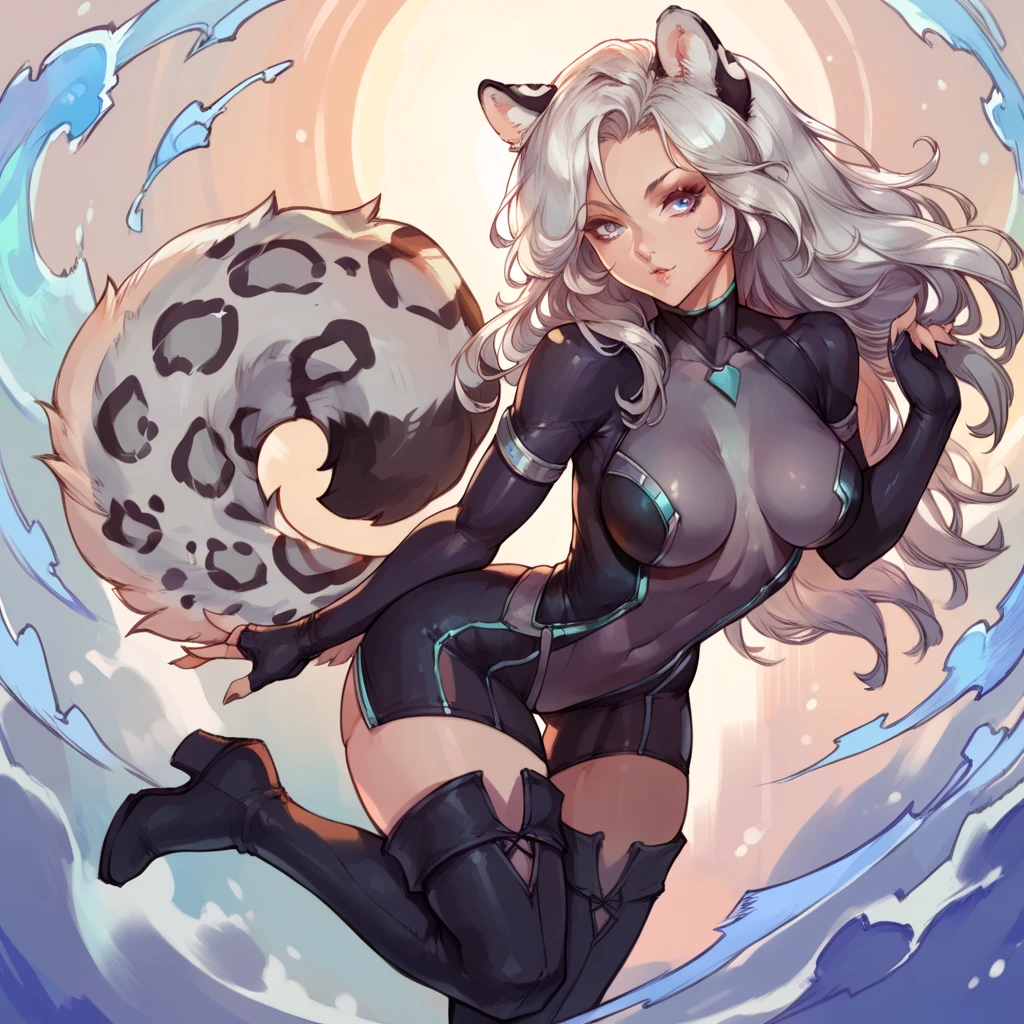 a cute female with shaggy silver hair with black tips, has silver eyes, has snow leopard ears, has a snow leopard tail, has leopard prints on her skin, wearing a full bodysuit, sexy vibe, fierce looking, wearing thigh high boots [leopard prints on her skin] (has leopard spots on her skin)