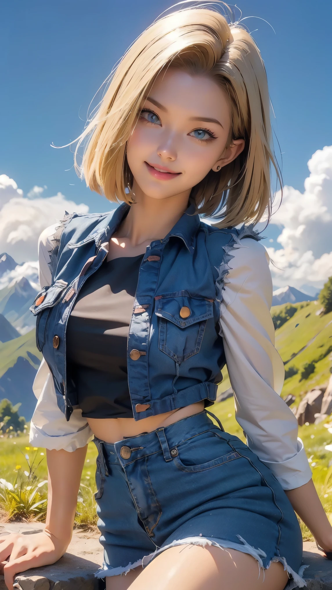 Android 18,(best qualityer,4K,8k,high resolution,work of art:1.2)(weather: cloudy), mountain village background, mountain road, black top, striped sleeves, cropped denim vest, tight denim mini skirt, black pantyhose, brown boots, eyeliner, short straight hair, blonde hair, ultra detailed, realistic, portrait,beautiful detailed blue eyes, glowing eyes,blush,beautiful detailed lips,extremely detailed eye and face, long eyelashes, sexy,average, large breasts,beaming smile, cute smile,powerful girl, elegant pose, stunning curves,bright coloured,dramatic lighting, hair flying,