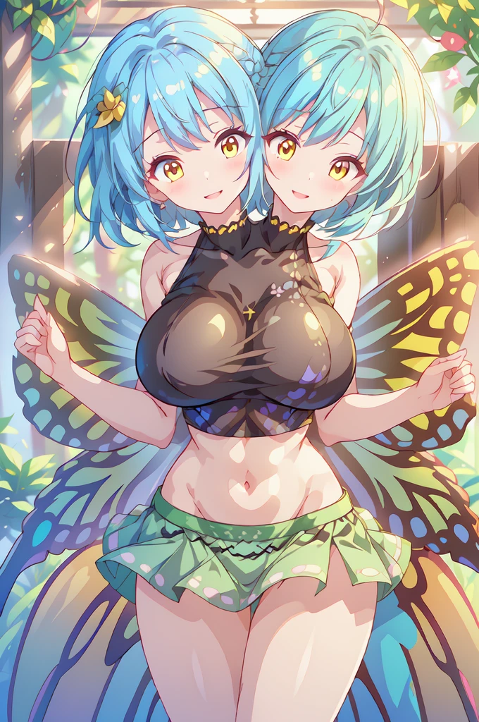 (masterpiece, best quality), best quality, (ultra-detailed), (3heads:1.5), 1girl, (eternity larva:1.3), masterpiece, best quality, ultra quality, ultra resolution, black crop top, crop top, ((stomach)), midriff, ((groin)), very light green skirt, floral pattern on skirt normal ears, shackles, short light hair, short hair, peach-colored eyes, very detailed eyes, parted lips, extremely detailed eyes, sweat, cute, toned belly, hand on own chest, eyelashes, (25 year old woman:1.3), (masterpiece:1.5), (best quality:1.5), (beautiful detailed), extremely detailed CG, extremely delicate and beautiful, depth of field, (finely detailed face), (perfect details:1.3), (mature female:1.3), wide pelvis, slender, large veiny breast, 16k resolution, highres, high quality, high definition, extremely detailed, masterpiece, short light blue hair, short hair, alluring presence, braid, short skirt, close up, very big tits, huge breasts, young, black and yellow wings, huge butterfly wings on back, spotted with bits of blue and purple, 3heads, girl with three heads, three headed girl,