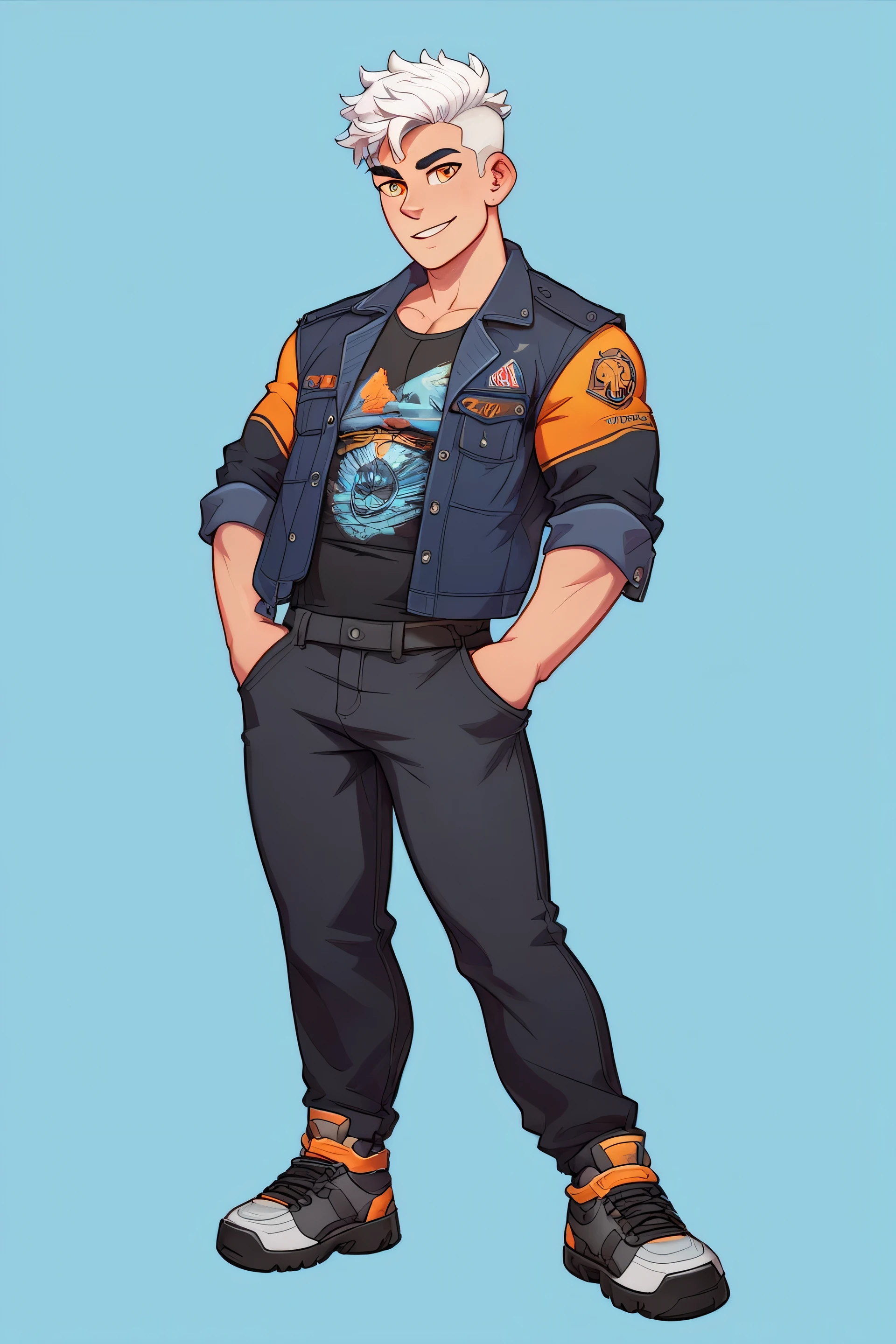 A highly realistic and detailed full-body image of a muscular and athletic young man standing upright, facing forward. He has slightly short, white hair and a confident expression. He is wearing an orange short-sleeved shirt layered with a black cropped outer jacket, paired with black long pants and casual shoes. His skin tone is slightly fair, and his masculine facial features are clearly visible. The background is neutral, emphasizing the character's vibrant appearance.