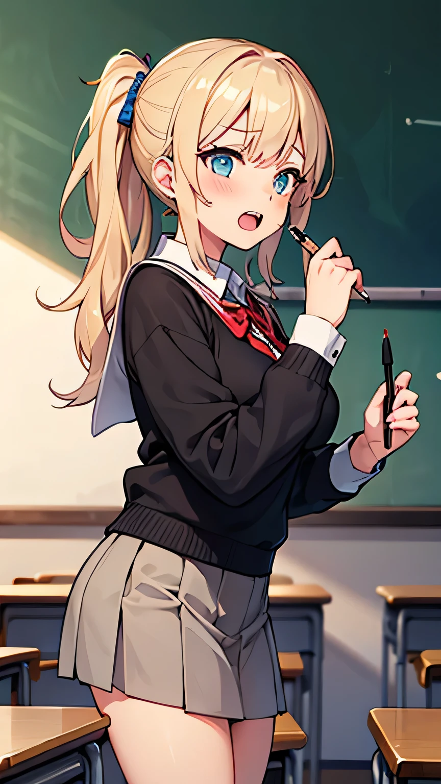 Classroom yawning girl holding a pen