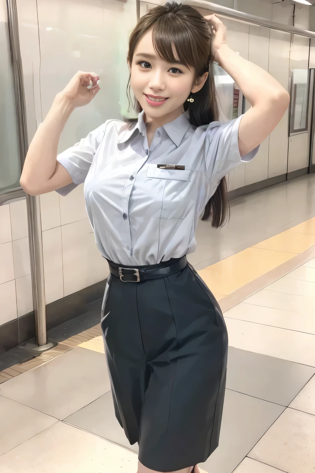 (Masterpiece:1.2, best quality :1.2), 32kHDR, high resolution, (Alone、 1 girl)、(Rooftop of a building during the day、 professional lighting)、Building rooftop background、( TOKYO SUBWAY WOMAN CREW UNIFORM REAL STYLE WOMAN CREW UNIFORM 6 )、(TOKYO SUBWAY WOMAN CREW UNIFORM BLOUSE SHORT SLEEVE 、 Knee-length culottes skirt、Waist belt)、、 dark brown hair 、( hair gathered、 hair bang)、 dark brown hair 、Long Hit、 big breasted、Thin legs、(( amazing hands:2.0)),((harmonious body proportions:1.5)),((Normal limbs:2.0)),((Usually refers to:2.0)),(( Delicate Eyes:2.0)),((Normal eyes:2.0)))、smile、(Tokyo Subway woman crew uniform Knee-length culottes skirtを見せた美しい立ち姿) 、Hands crossed underneath