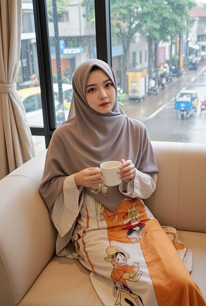 A stunning, hyperrealistic photo of a woman wearing a flowing dark brown satin dress and a long, elegant hijab. The silver colors seem to shimmer in the sunlight. She is captured from an overhead angle, showcasing the intricate details of her outfit. Her sweet expression conveys a touch of melancholy, and her bright, detailed eyes reflect the light as if they are windows to her soul. The outdoor background features a serene landscape, with a lush green field and a distant tree, adding depth and beauty to this masterpiece.