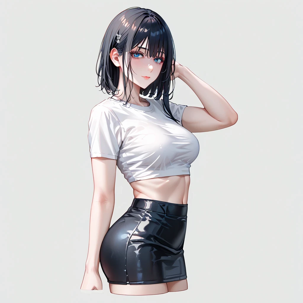 Beautiful Japanese, black hair、clear、 top quality、 Masterpiece、( professional lighting without shadows )、 surreal、 fascinating、A figure that looks like a slender supermodel、 one girl , ( lean forward to the camera to show off her butt ), (slightly larger breasts,), ( flat , white skin without wrinkles or unevenness ), (明るい and beautiful blue eyes , (( wolf cut)), (( tight skirt 、 cropped t-shirt))、 show off a pose exposed from directly behind her butt ), ( beautiful face squinting in bright light )