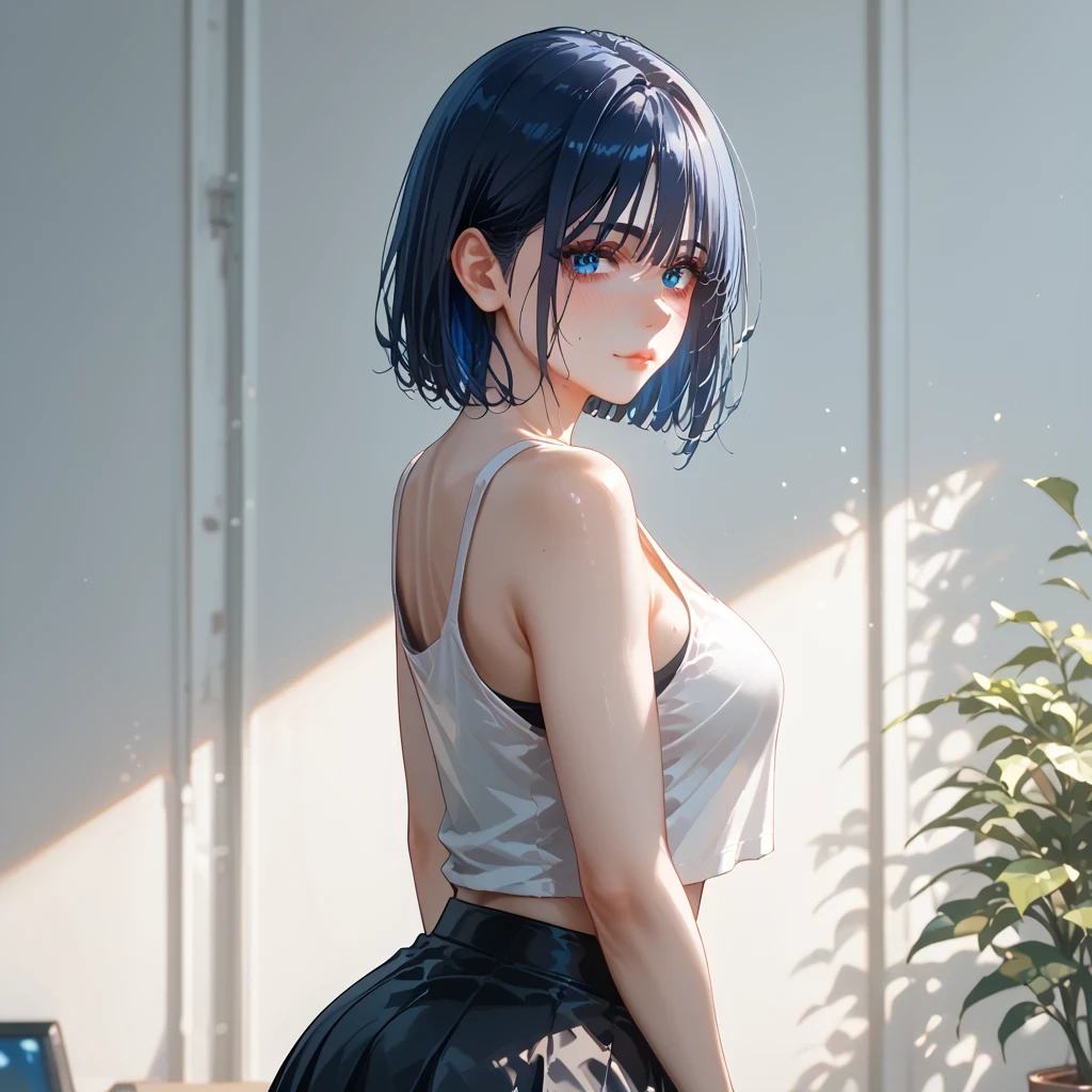 black hair, blue inner hair,、 top quality、 Masterpiece、( professional lighting without shadows )、 surreal、 fascinating、 figure like a slender supermodel 、 one girl , ( lean forward to the camera to show off her butt ), (slightly larger breasts,), ( flat , white skin without wrinkles or unevenness ), (明るい and beautiful blue eyes , ((casual wolf cut )), (( black tight skirt ))Pichi Pichi shows off the pose exposed from directly behind the butt of the tank top), ( beautiful face squinting in bright light )